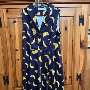 Miss Lulo banana-print knee-length dress, size: XL